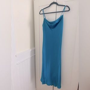 Bebe Satin Cowl Neck Slip Midi Dress - Size Small - Teal Blue Color.